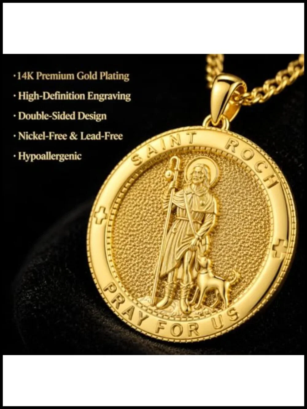 14K Gold Plated St Roch Catholic Medal Pendant Necklace Stainless Steel Chain